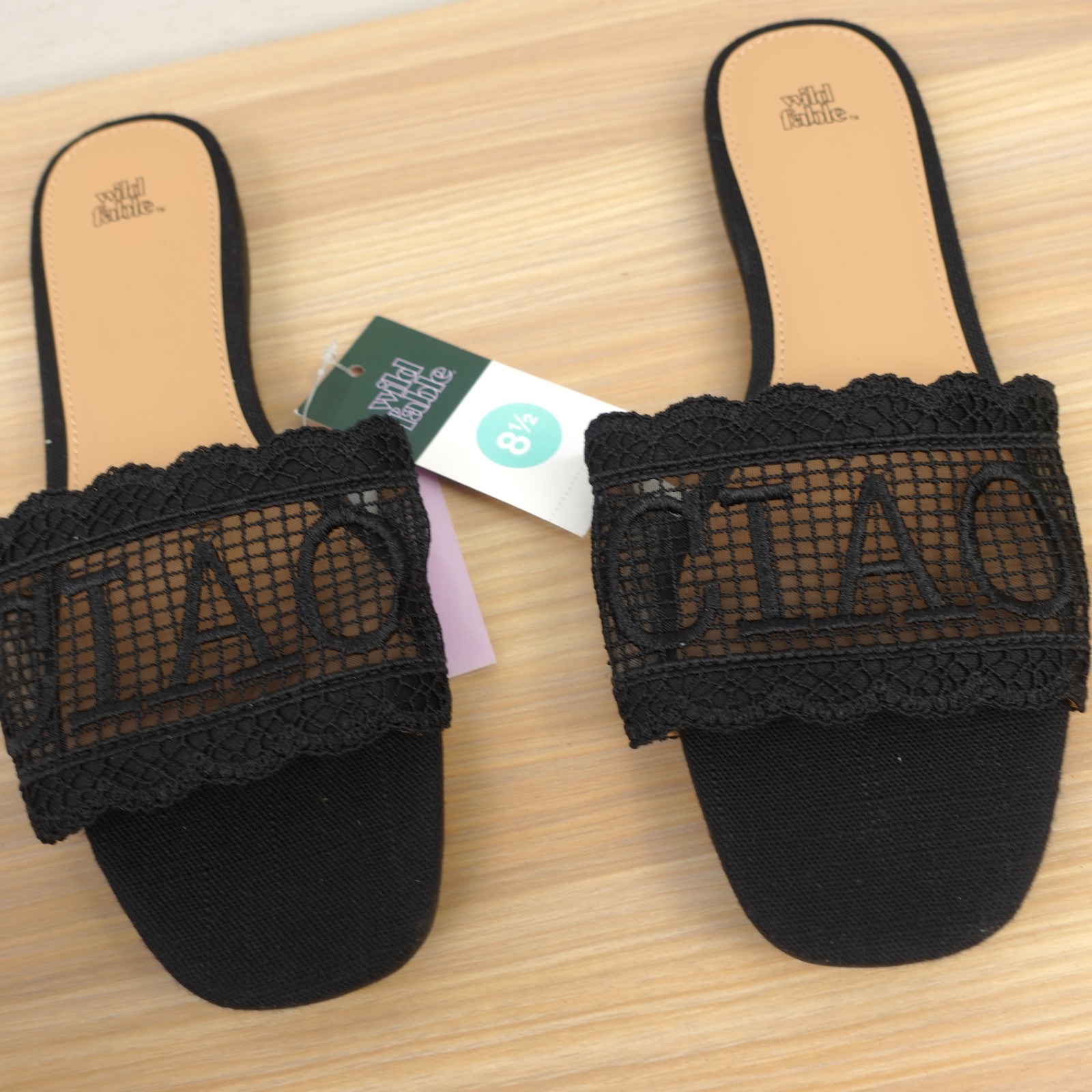 Boho Lace Flat Slide Sandals Womens 8.5 Black Mesh Ciao Witchy Summer Wild Fable
